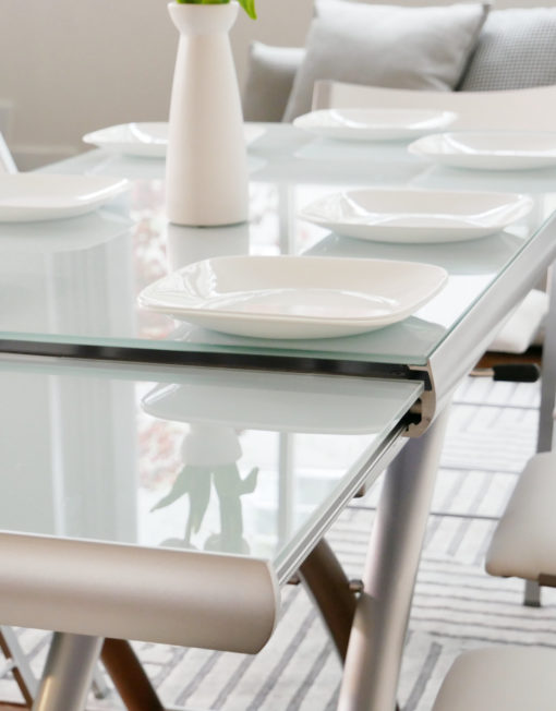 Horizon-white-grey-glass-table-extending-open-ready-for-dinner-transforming-glass-coffee-table