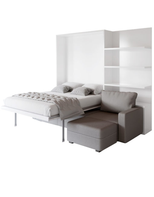 MurphySofa wall bed open showing bed over sectional grey sofa