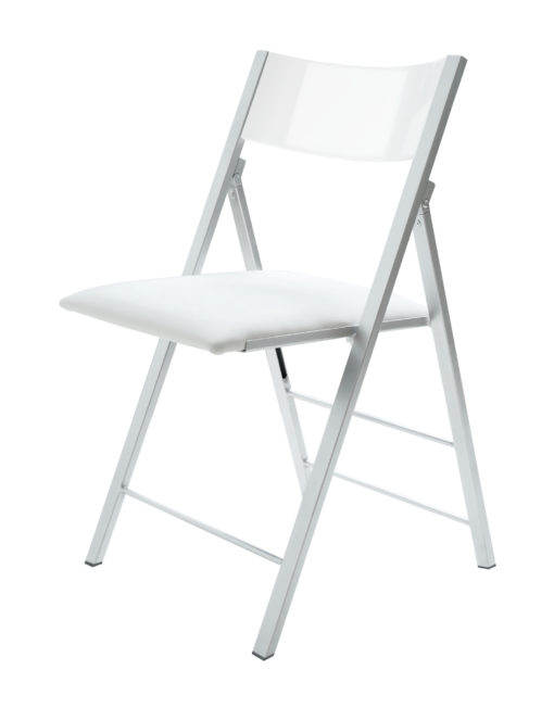 Nano folding chair with glossy white curved back rest and white padded seat and silver metal