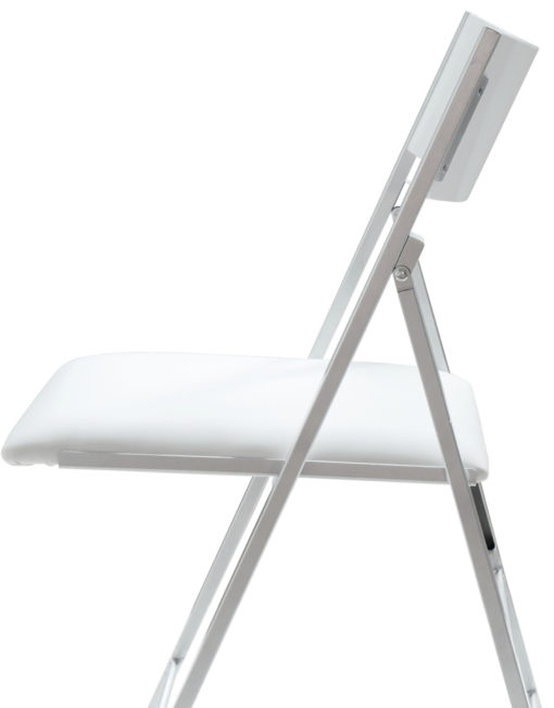 Nano Glossy white folding chair with curved back rest and padded seat with a view from the side