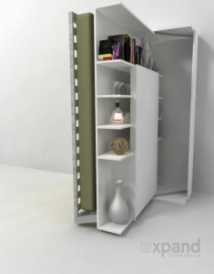 Revolving wall bed that comes with an organizing bookcase
