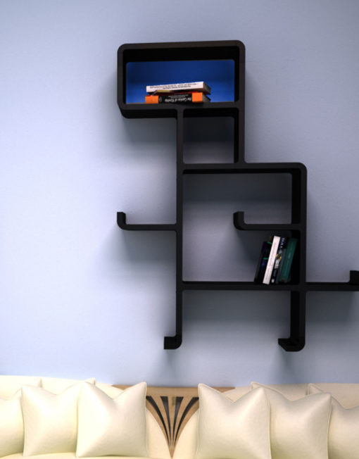 Wall-Shelf-Dinosaur-in-black-and-blue-face-above-sofa