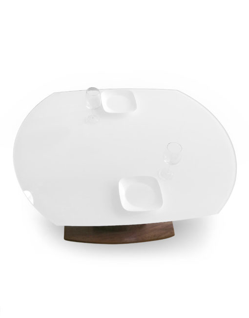 Baobab-round-rotating-white-glass-table-with-walnut-base-compacted