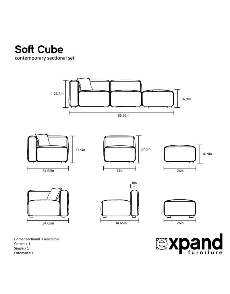 soft cube 3 seat sofa measurements