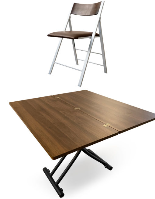 Transforming Table evolved v3 open in chocolate walnut color with walnut nano chairs