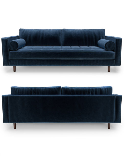 Scandormi-Contemporary-Modern-Tufted-Sofa-in-Blue-Velvet-microfiber-with-bolster-pillows