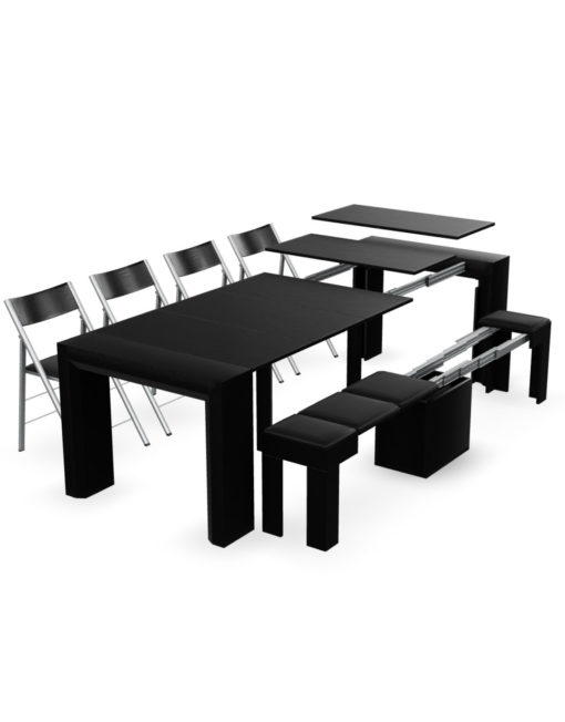 Junior Giant black wood transforming table with 4 nano folding chairs and 1 extending bench