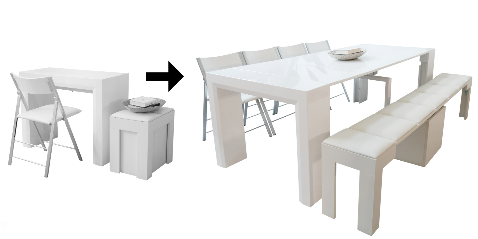 The ultimate space saving dining set deal with a junior giant extending console table and 4 nano chairs and a mini scatola