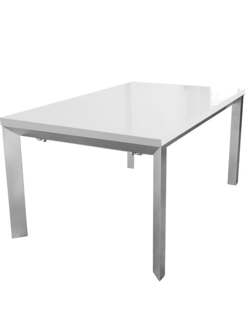Mega-Abode-table-in-white-gloss-with-silver-legs-can-extend-to-be-a-very-lage-table